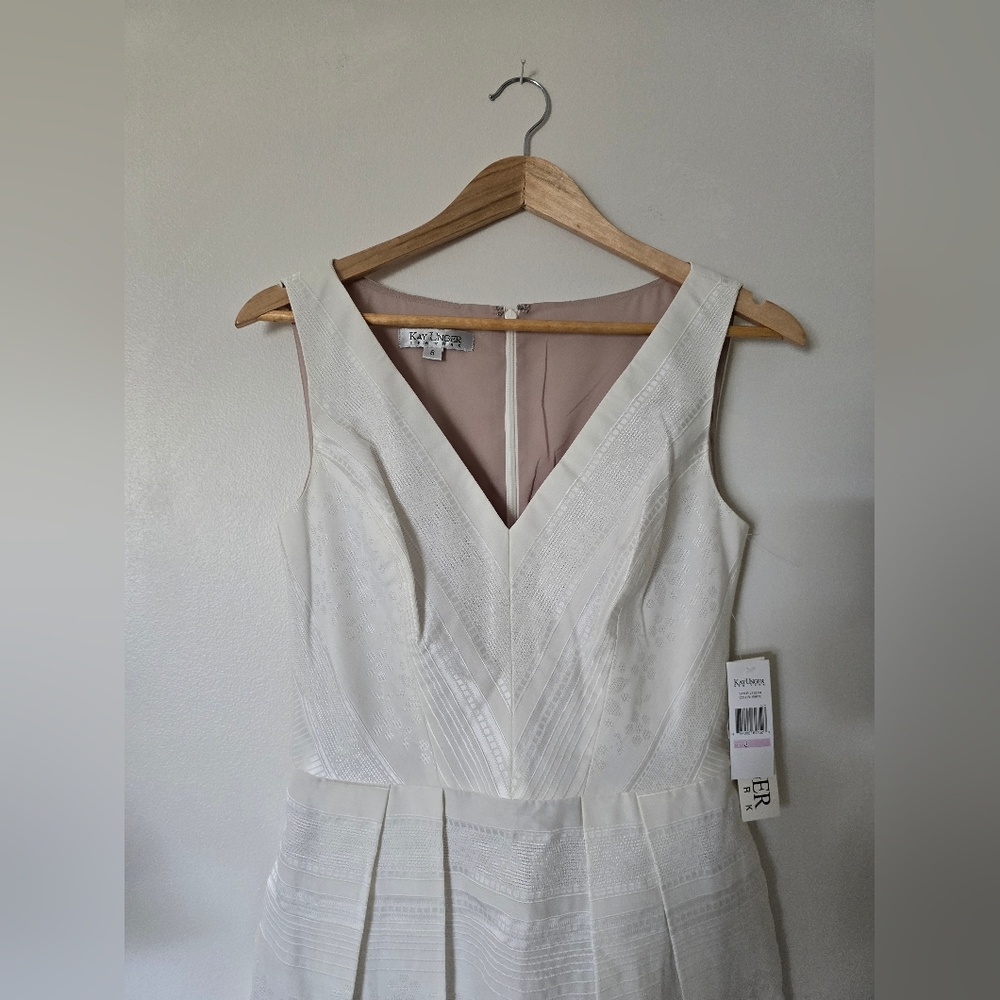 New Kay Unger New York Womens Size 6 A Line V Neck Short Ivory Sleeveless Dress - Picture 2 of 16